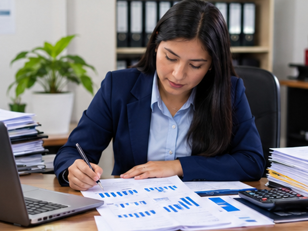 Asesora contable revisando reportes y estados financieros en una oficina