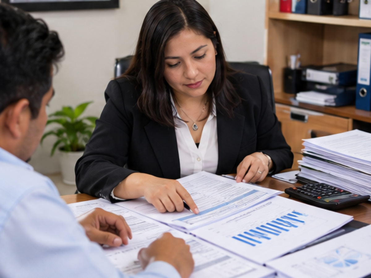 Asesora auditando documentos financieros con clientes en una mesa de trabajo