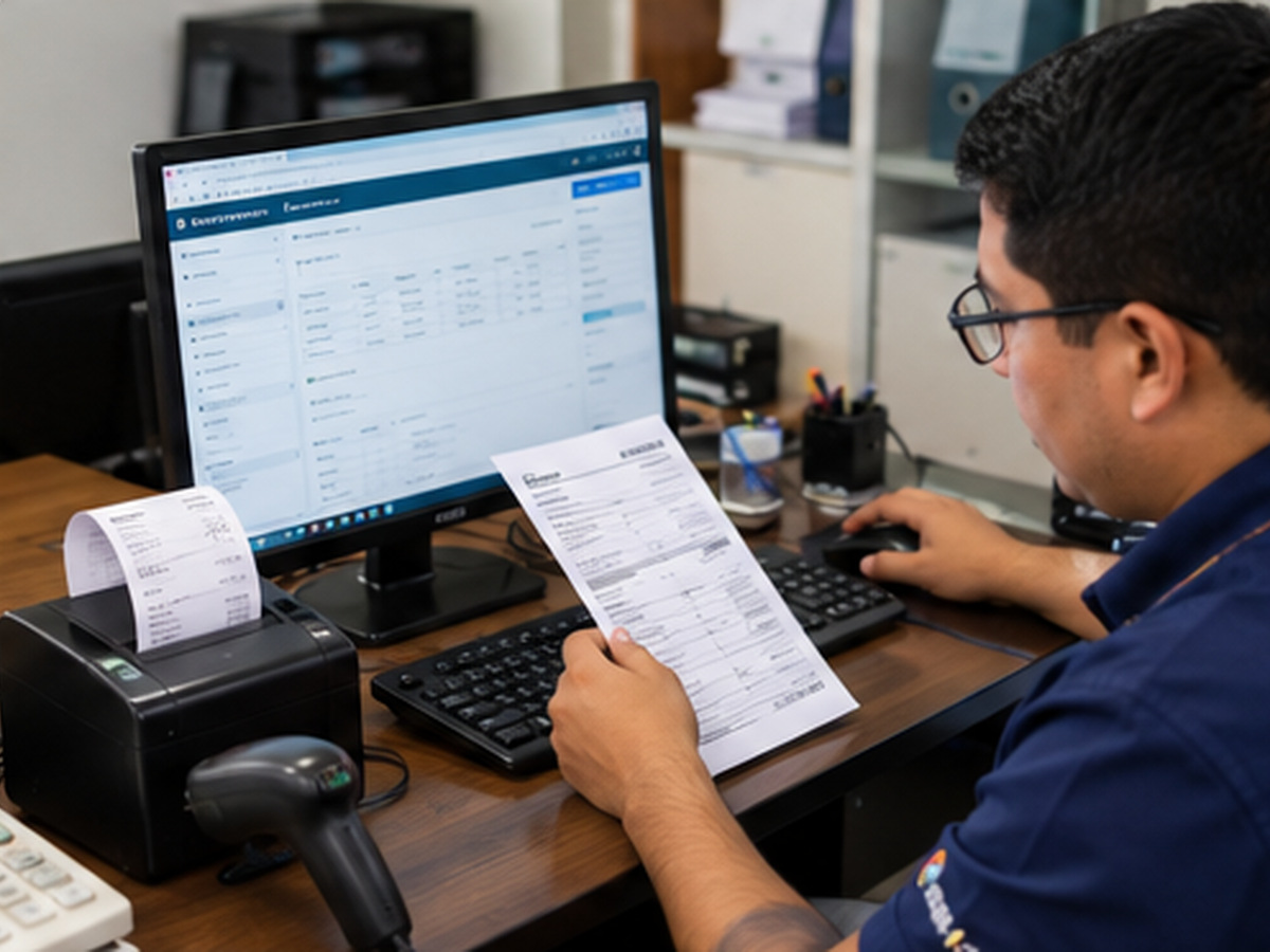Profesional trabajando en facturación electrónica e inventarios