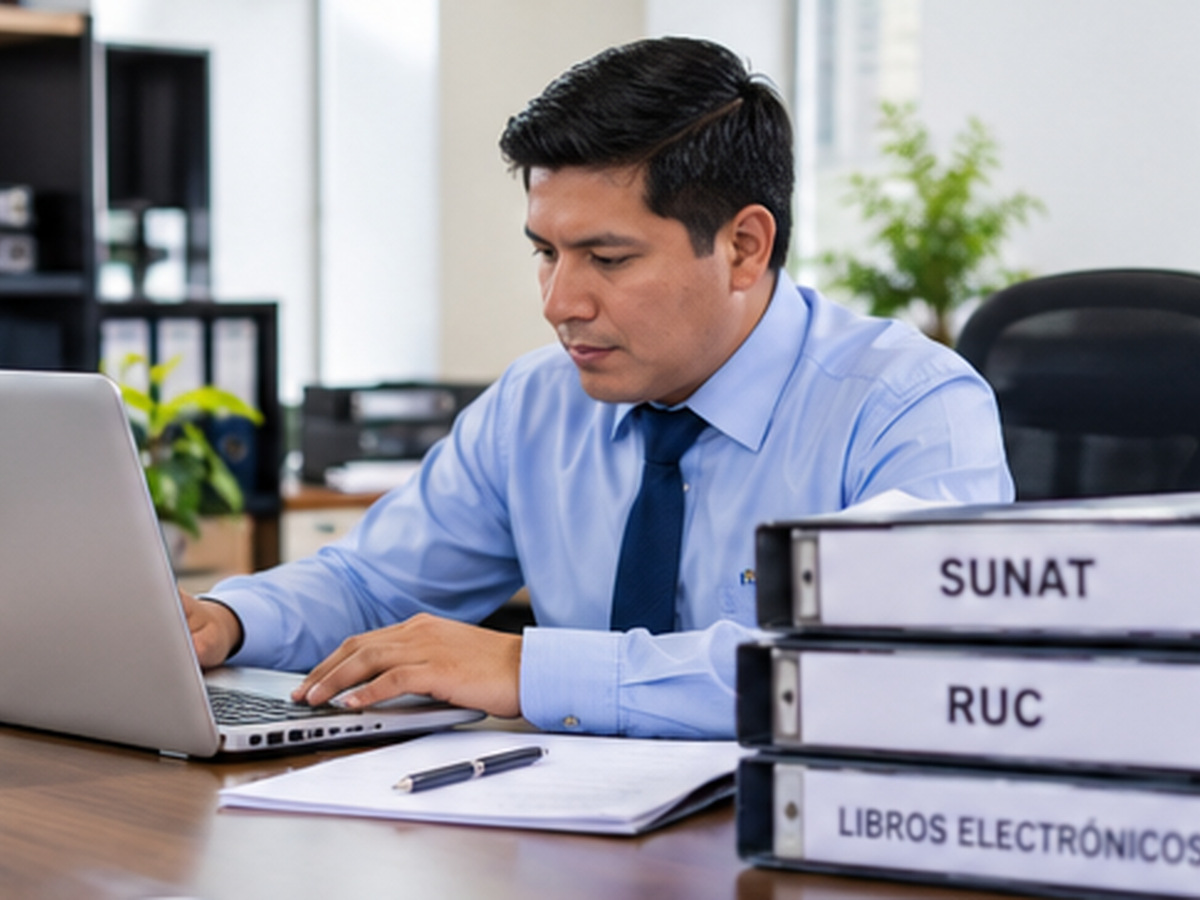 Profesional realizando trámites SUNAT y revisando documentos tributarios